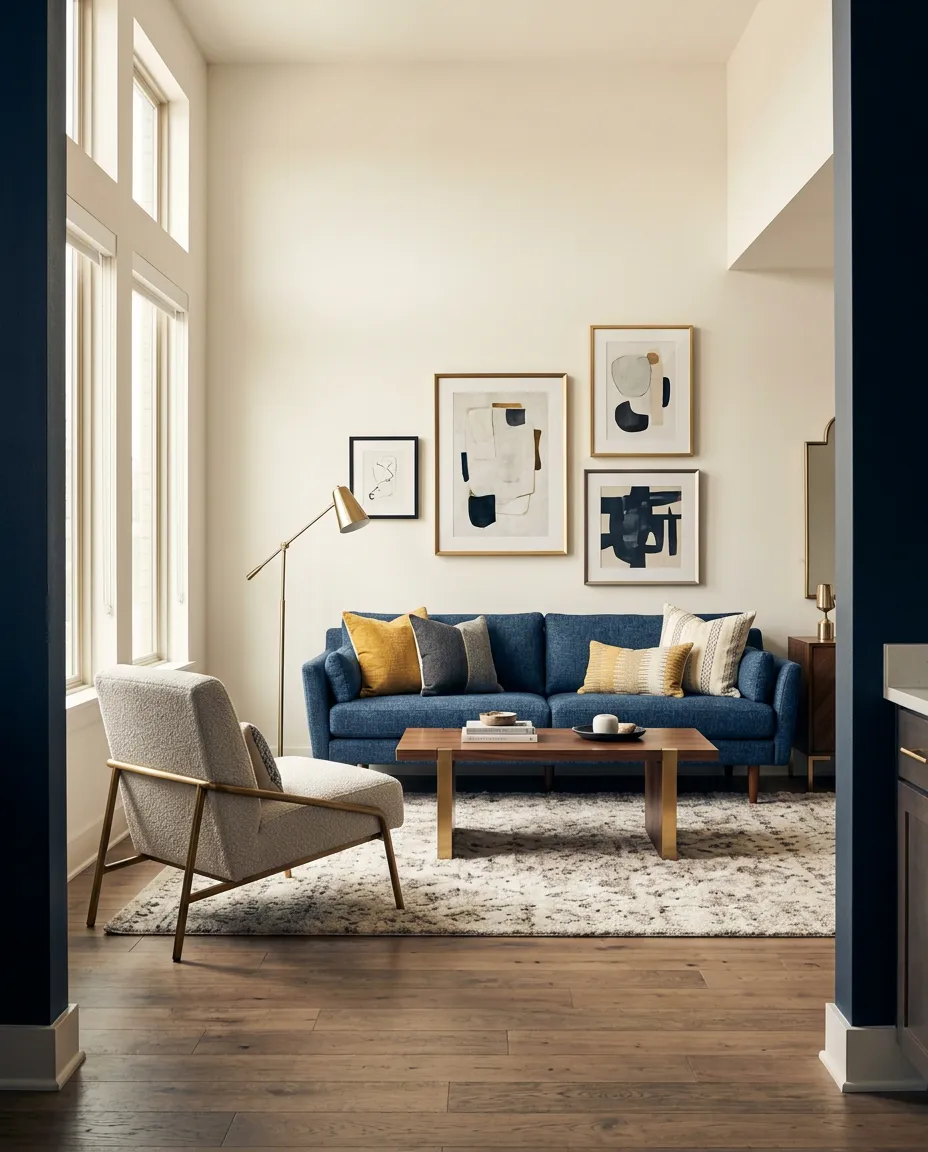 Luxuriously furnished Dallas executive apartment interior showcasing mid-century modern aesthetic and brass accents