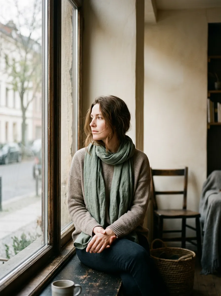 A contemplative individual gazing quietly through a softly lit window, reflecting internal emotional processing