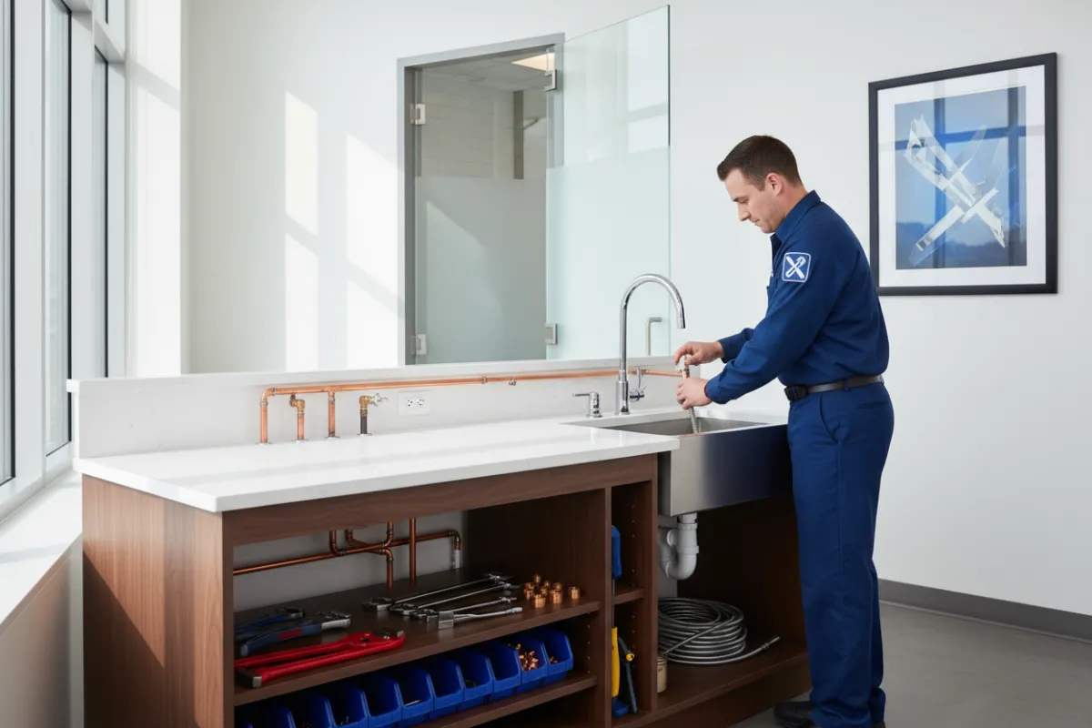 Photorealistic commercial plumber inspecting pipes in a modern office restroom in Topeka, Kansas; a second technician installs or repairs fixtures; visible commercial plumbing tools and commercial sink and restroom fixtures; bright natural lighting; professional uniforms; premium commercial plumbing advertisement style; trustworthy local-business feel.