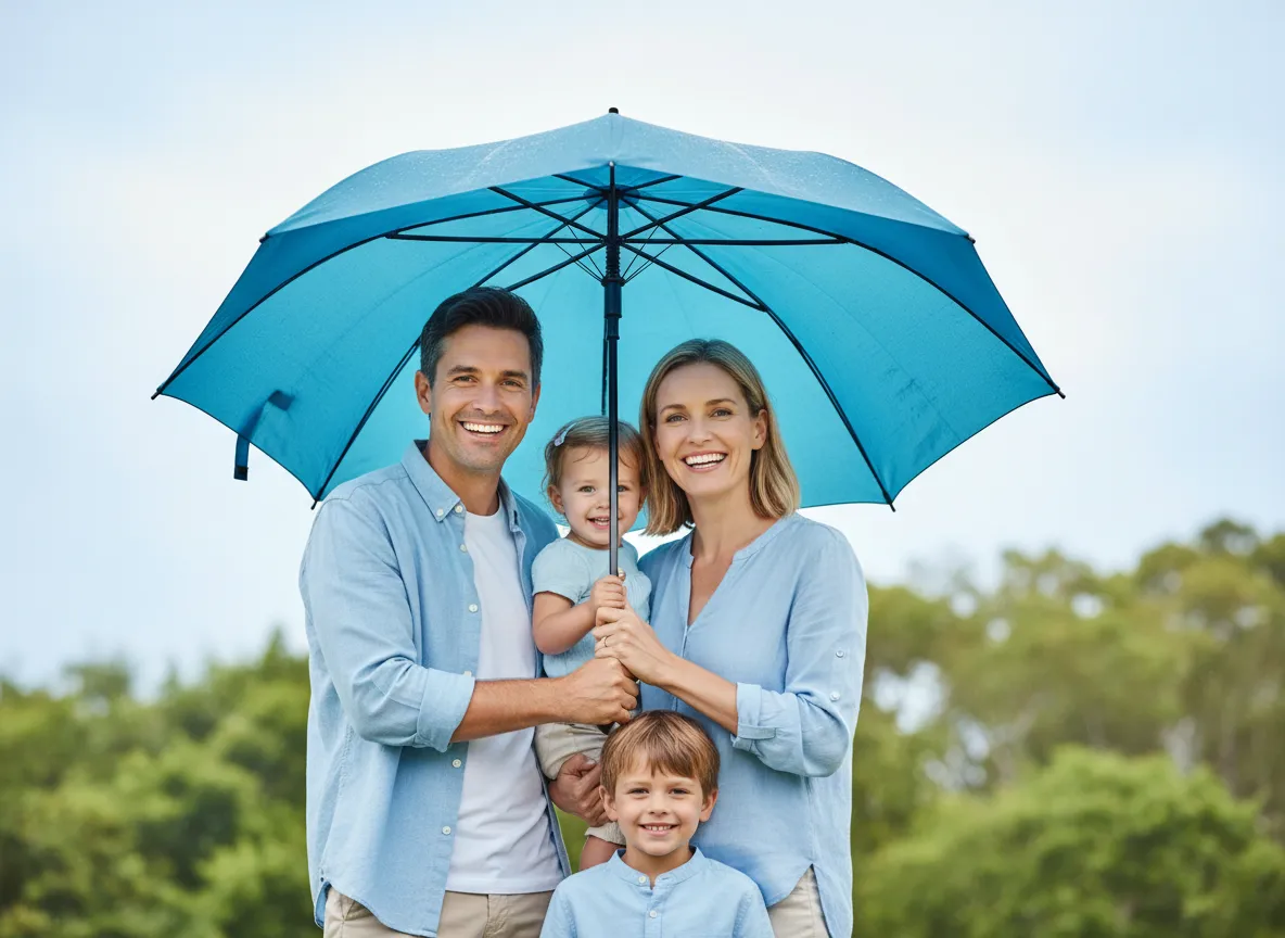 Umbrella Insurance - Family under blue umbrella