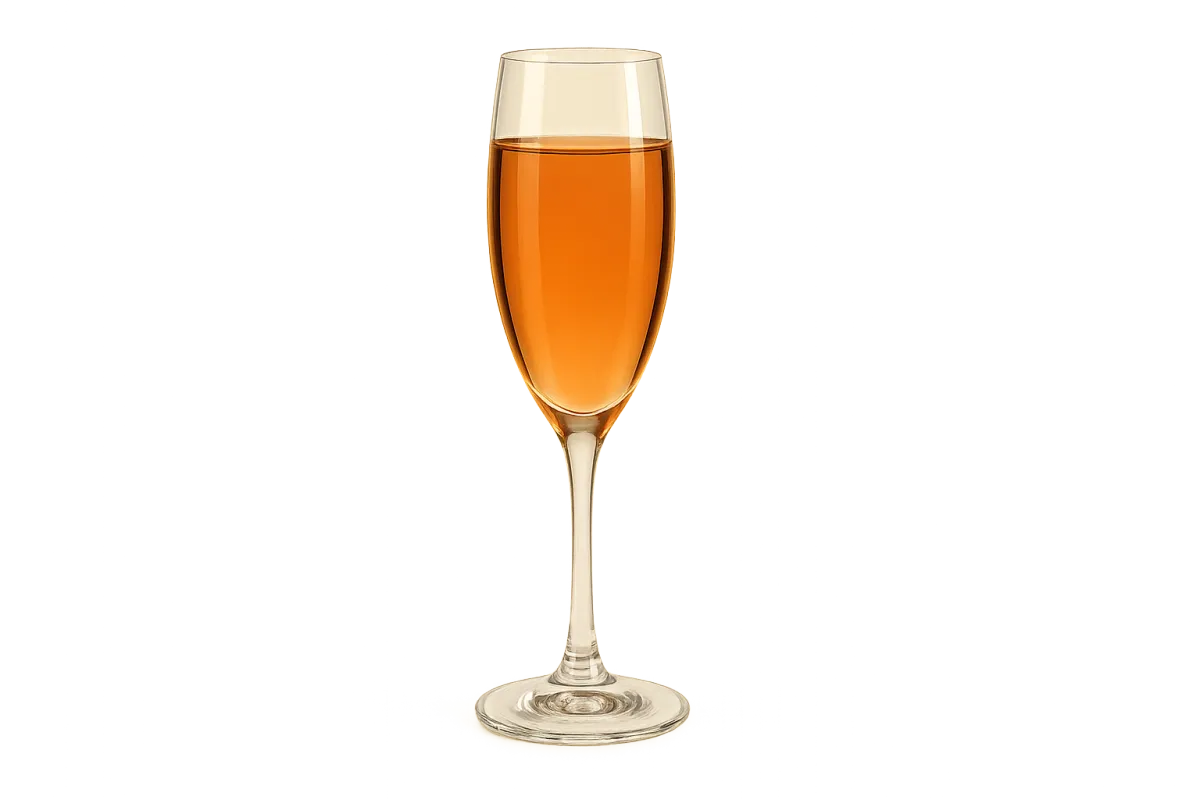 Amber-hued champagne flute on a soft neutral background