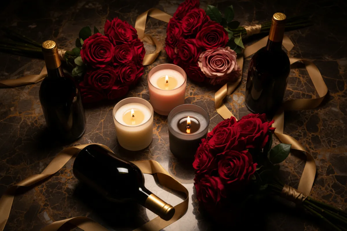 Decorative collage of sponsor products including artisan candles, velvet rose bouquets, and branded wine bottles arranged on marble with warm gold highlights.