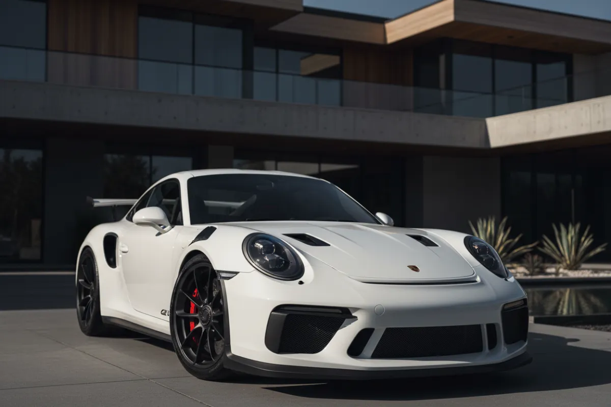 Highly realistic close-up photo taken on an iPhone of a Porsche parked in the foreground directly in front of a modern million-dollar home
