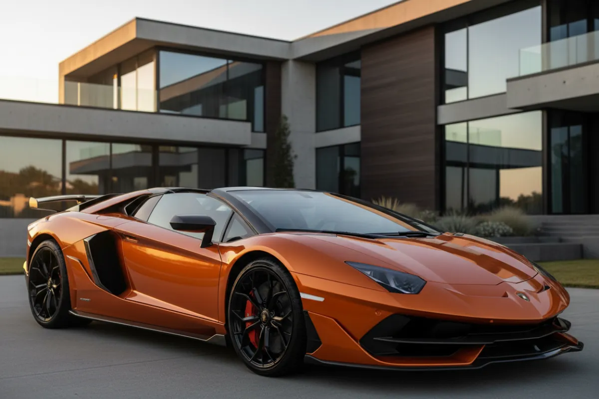 Lamborghini parked in front of modern million-dollar home, close-up