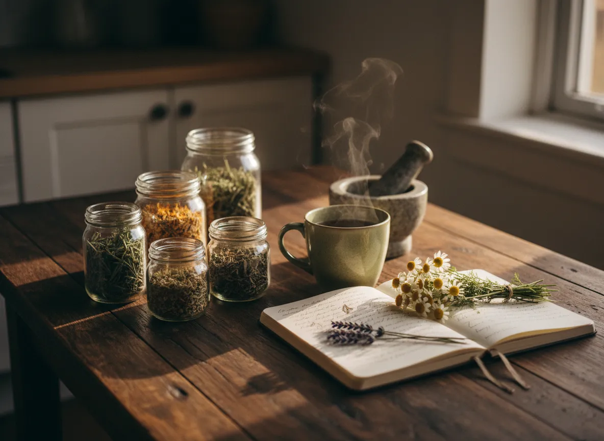Cozy home apothecary scene with jars of herbs and a notebook