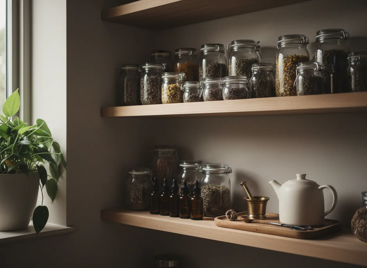 Home apothecary shelves with labeled jars and herbal tools