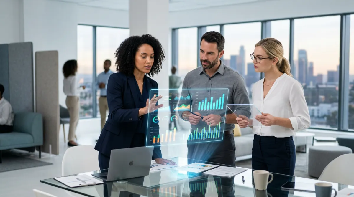 Three people in a modern office looking at graphs and data on glowing transparent screens