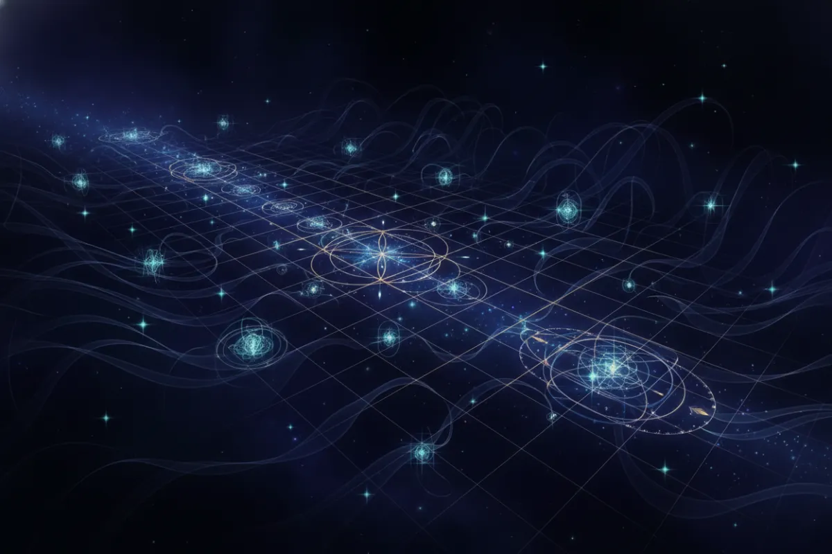 Abstract cosmic grid with sacred geometry in deep space tones, soft aqua stars and gold highlights