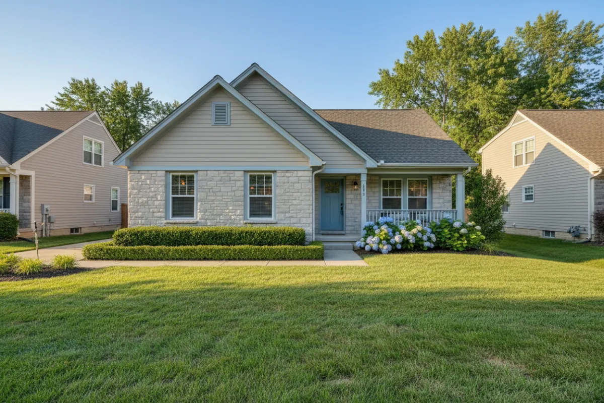 Single-family home in a middle-class suburban neighborhood, daytime, tidy lawn, neutral exterior colors