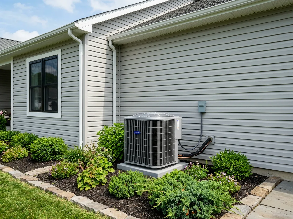 An outdoor AC condenser unit situated in a garden bed with small shrubs, next to the siding of a residential home.