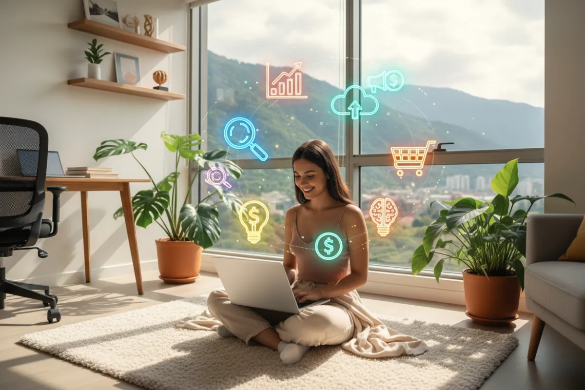Young South American professional working remotely on a laptop, surrounded by digital marketing icons, in a bright, modern home office with a large window and plants. The scene is vibrant, energetic, and aspirational, emphasizing remote work freedom.