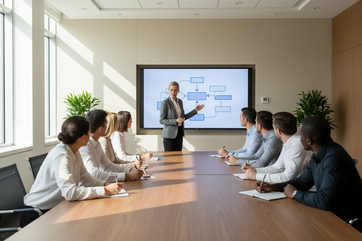 A team leader presenting a clear SOP flowchart on a large screen to attentive employees in a training room. The group is diverse, with visible engagement and note-taking, and the environment is bright and professional. 3:2 aspect ratio.