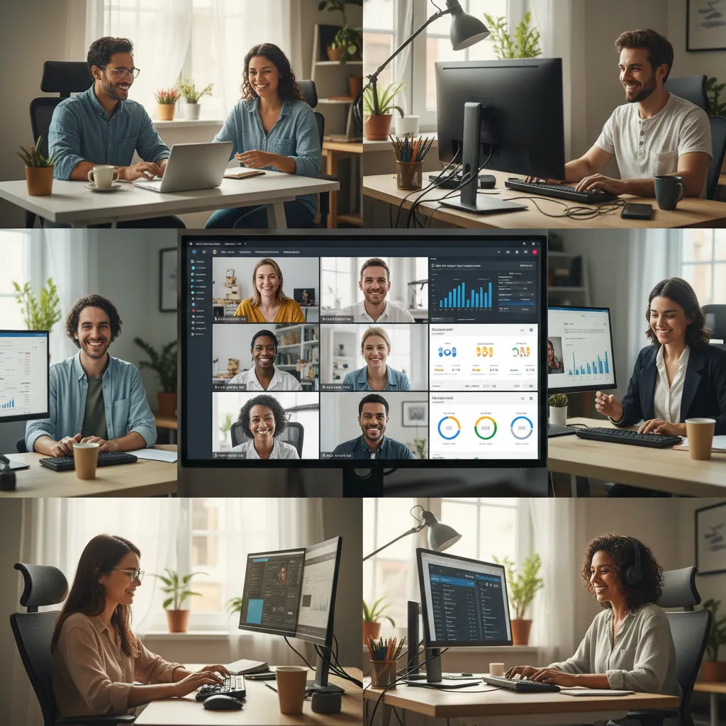 A diverse group of South American digital marketers collaborating virtually, each at their own workspace, with screens showing SEO analytics and Google Ads dashboards. The composition highlights teamwork, technology, and remote collaboration in a professional setting.