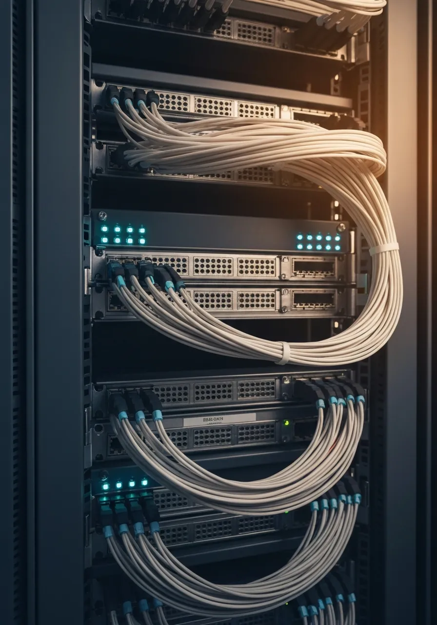 High-resolution macro photography of an immaculate server rack with structured fiber cabling