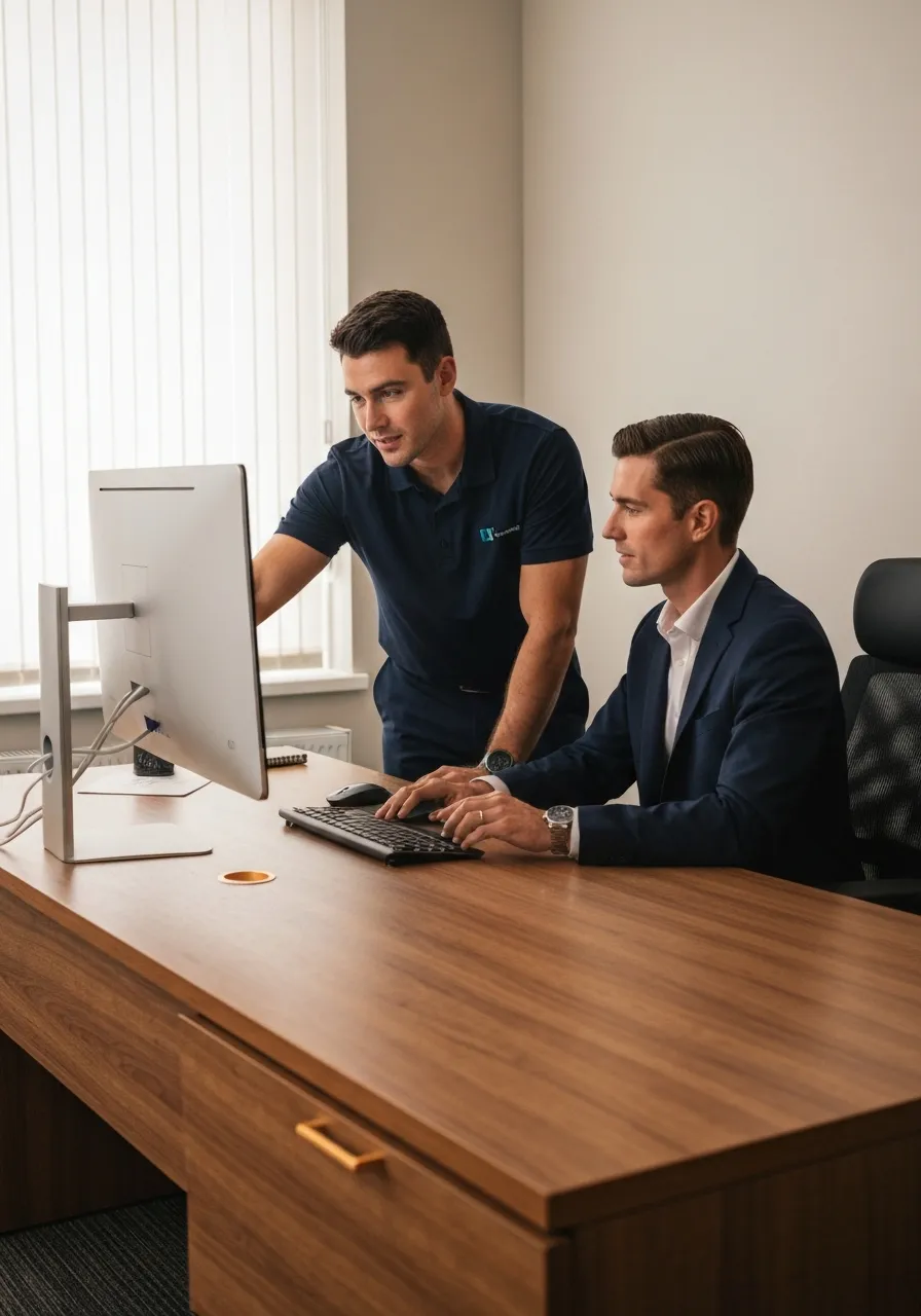 Technology consultant assisting legal staff member at a desk