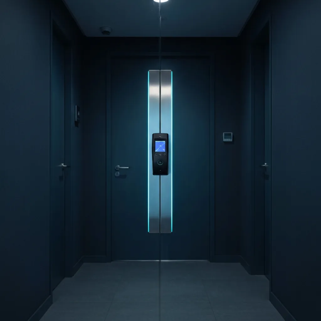 A modern law office secure glass entrance equipped with an access control reader