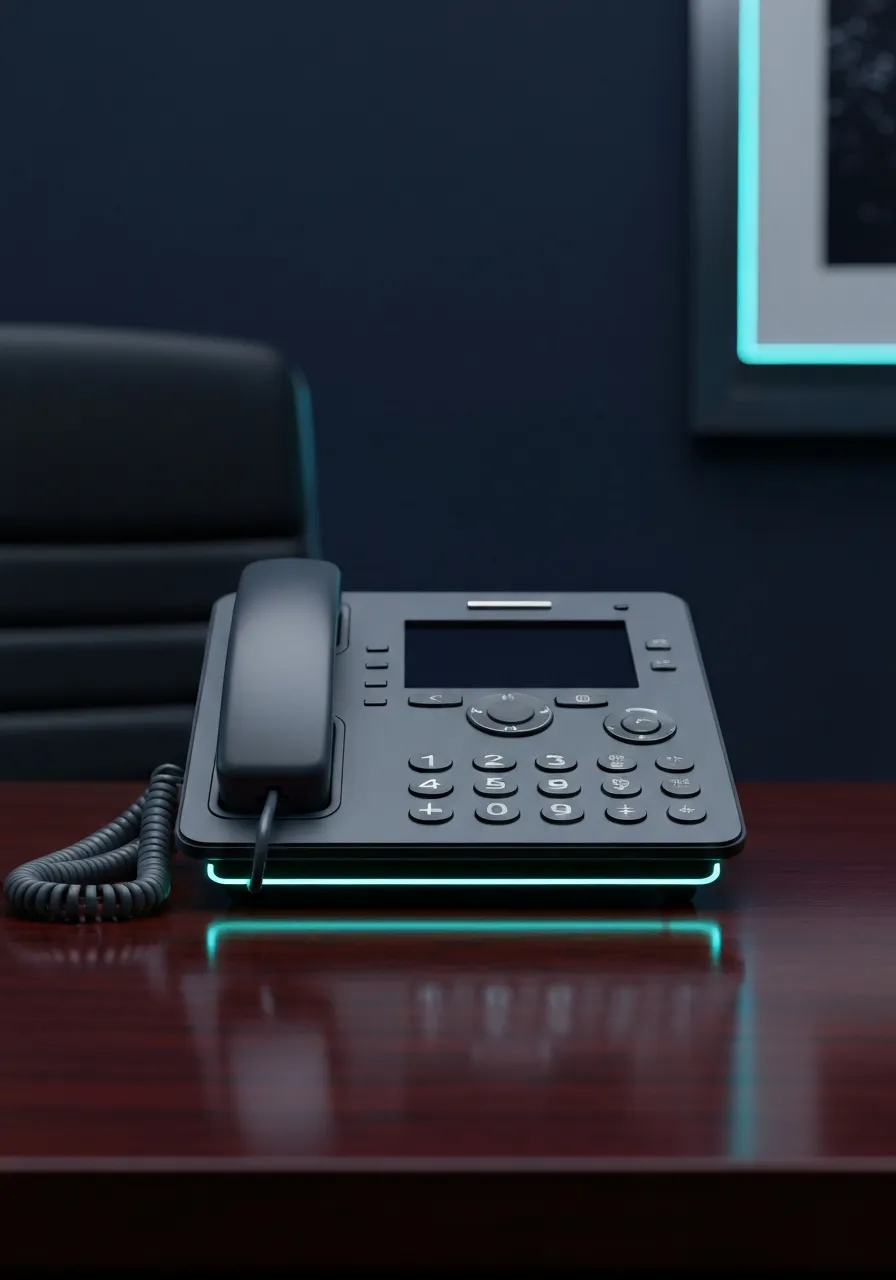 Hyper-realistic macro photo of a premium desk phone in an attorney's office