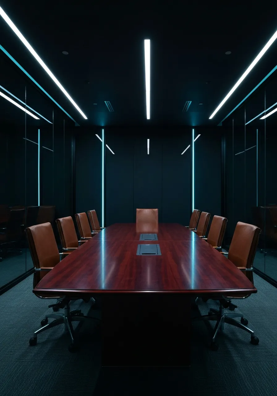 Dark architectural photo of an empty conference room
