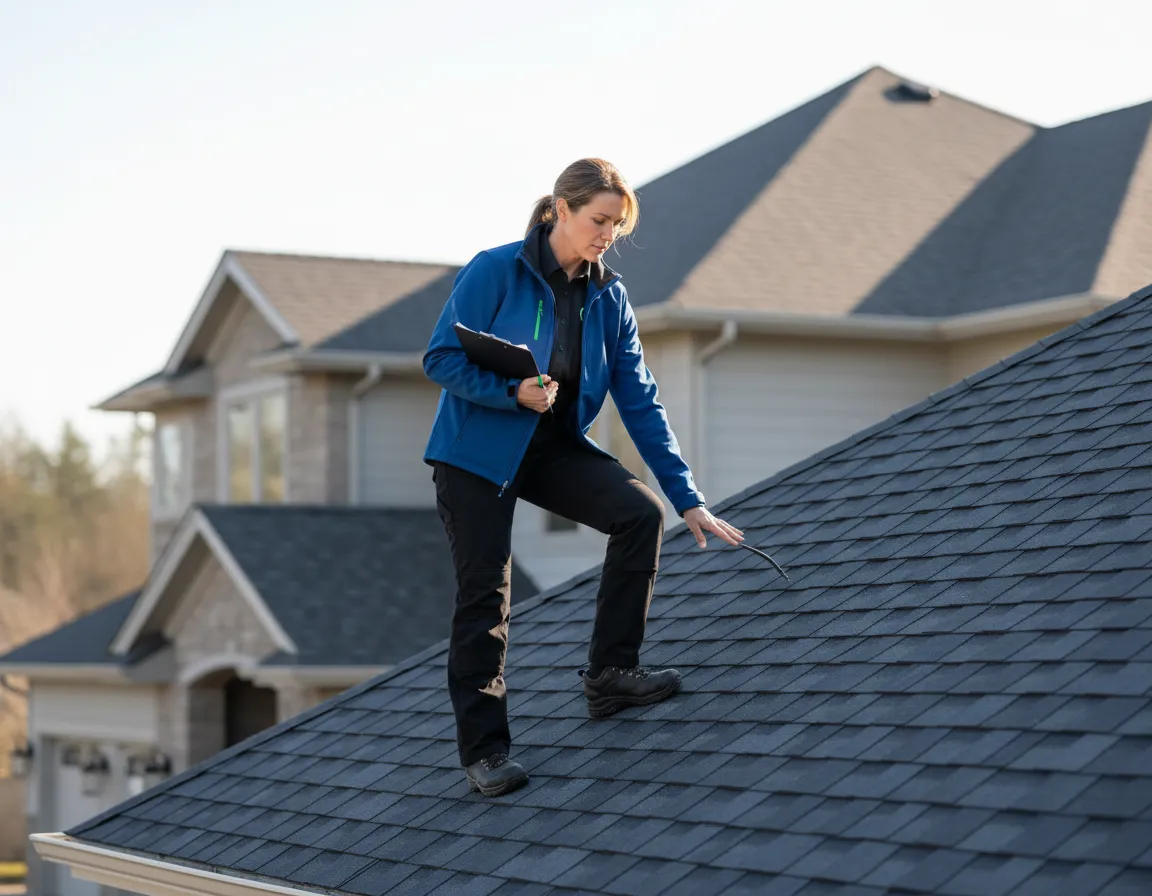 Roof damage assessment professional inspecting shingles