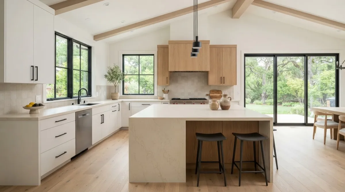 Modern interior design & remodeling — bright contemporary kitchen with warm oak accents