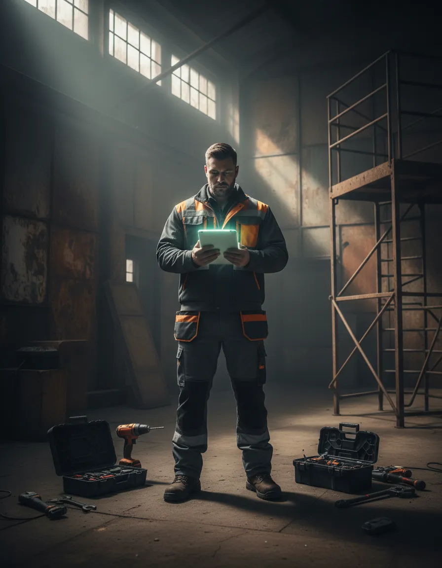 Industrial setting infused with digital elements representing home service automation