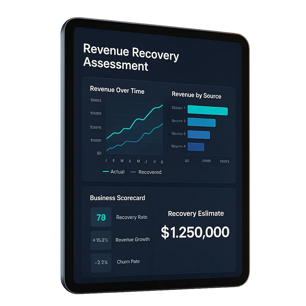 Mockup of the personalized Revenue Recovery Assessment report on a digital dashboard