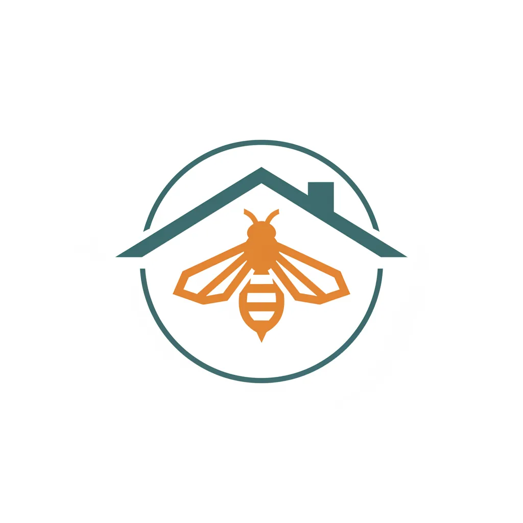 Honey Bee Roofing logo: stylized bee and roof, orange and teal, on white