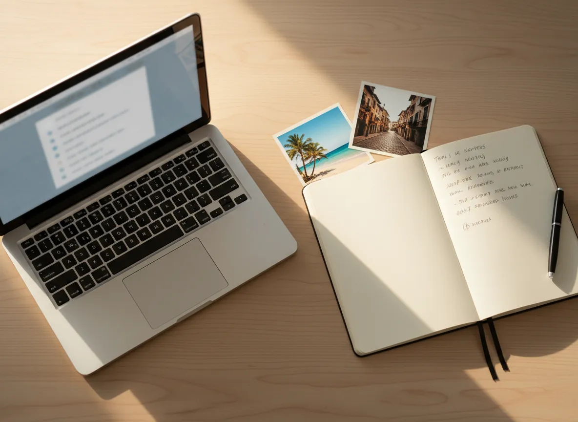 Calm travel agent workspace with laptop, notebook and warm travel photography