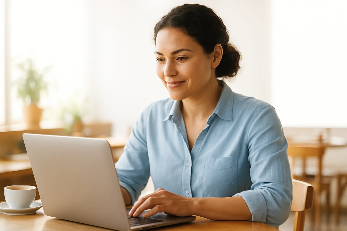 A confident female small-business owner reviewing insurance quotes on a laptop at a sunlit café table.