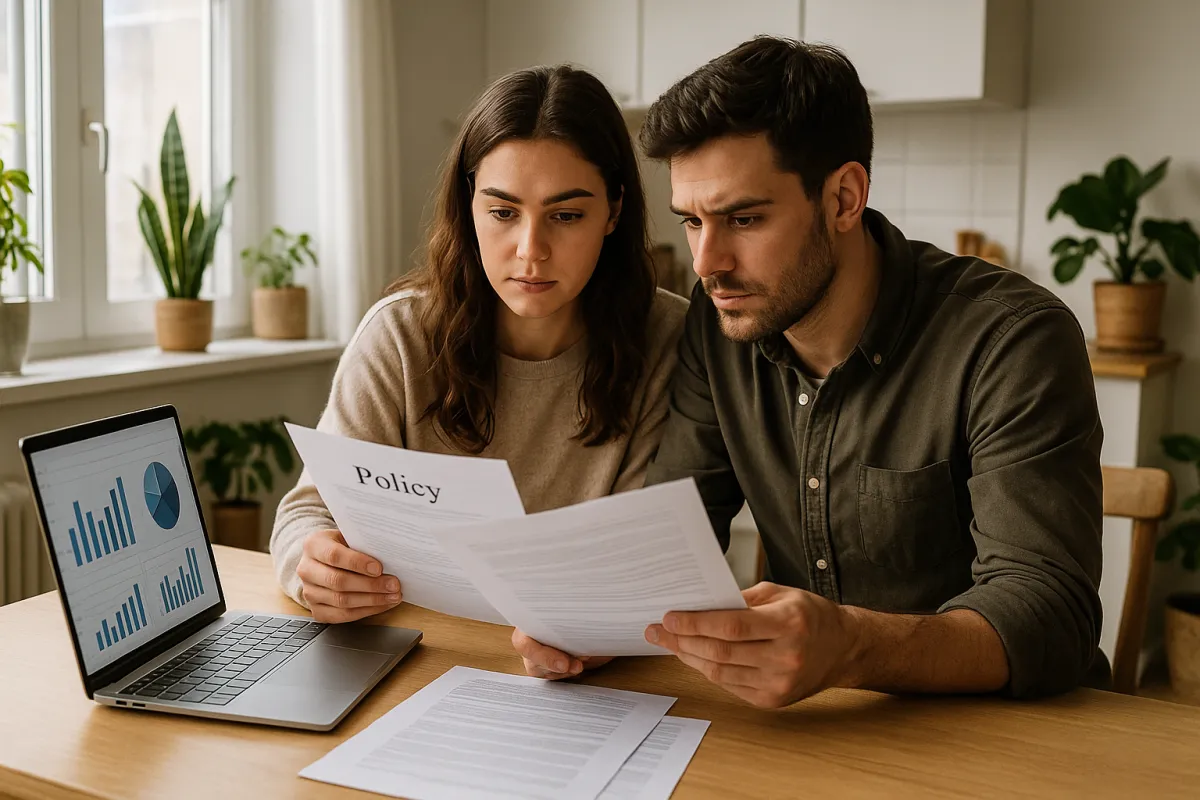 Young couple reviewing policy documents at a sunlit kitchen table with a laptop displaying charts.