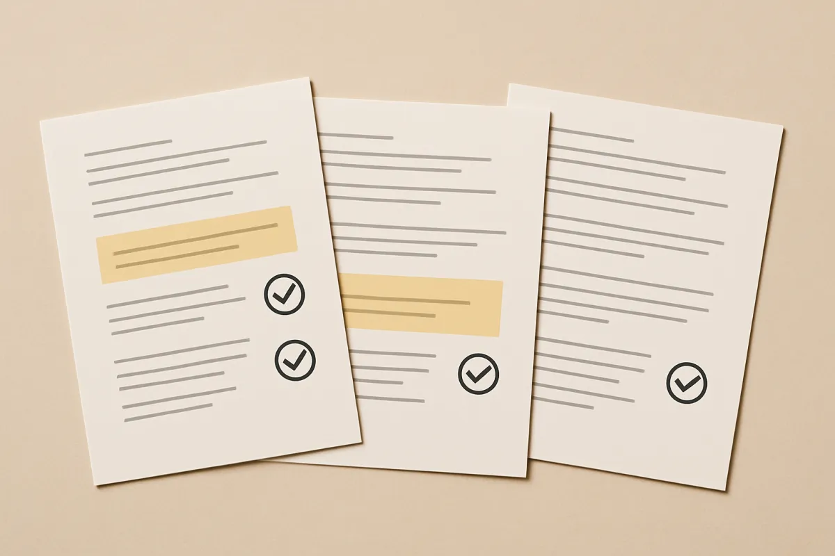 Three documents laid out flat with highlighted plan summaries and checkmarks representing clear written quotes and comparison clarity.