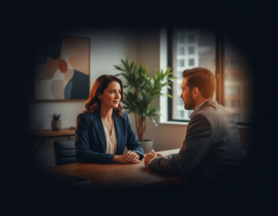 A professional advisor sitting calmly with a client