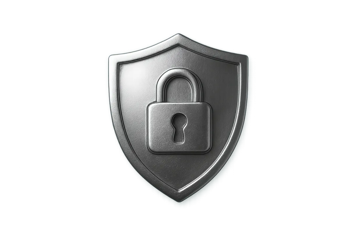 Metallic shield emblem with lock icon, photorealistic on transparent background