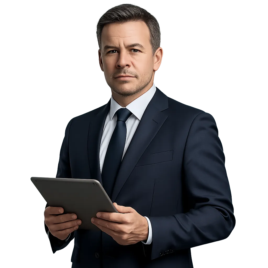 Confident business owner in navy suit holding a tablet, isolated on transparent background