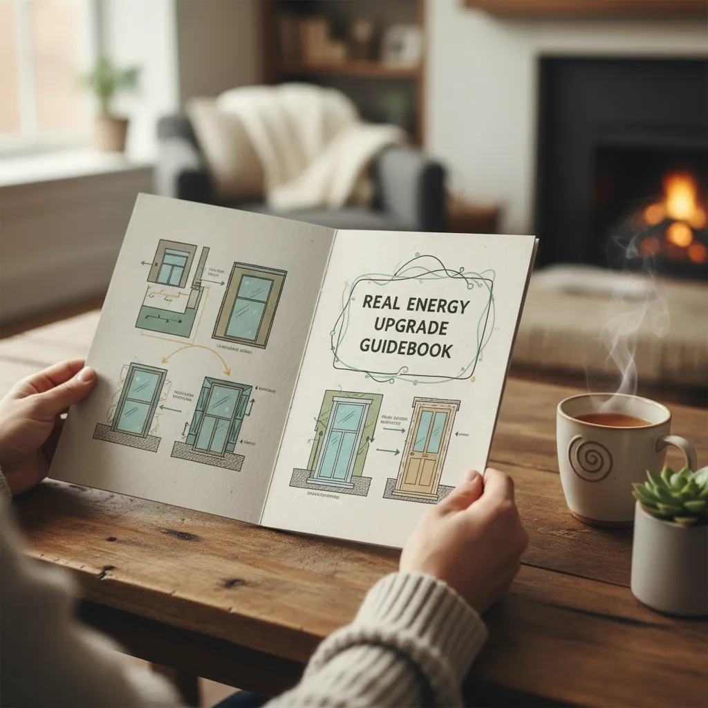 Close-up of hands holding an illustrated guidebook titled 'Real Energy Upgrade Guidebook' with diagrams of windows and doors, set on a wooden table with a coffee mug nearby. The scene is cozy and educational.