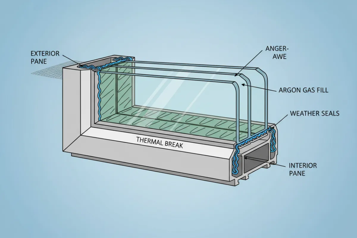 A cross-section diagram of a modern energy-efficient window, showing multiple glass panes, insulation layers, and weather seals, with callouts explaining each feature. The style is technical yet approachable.