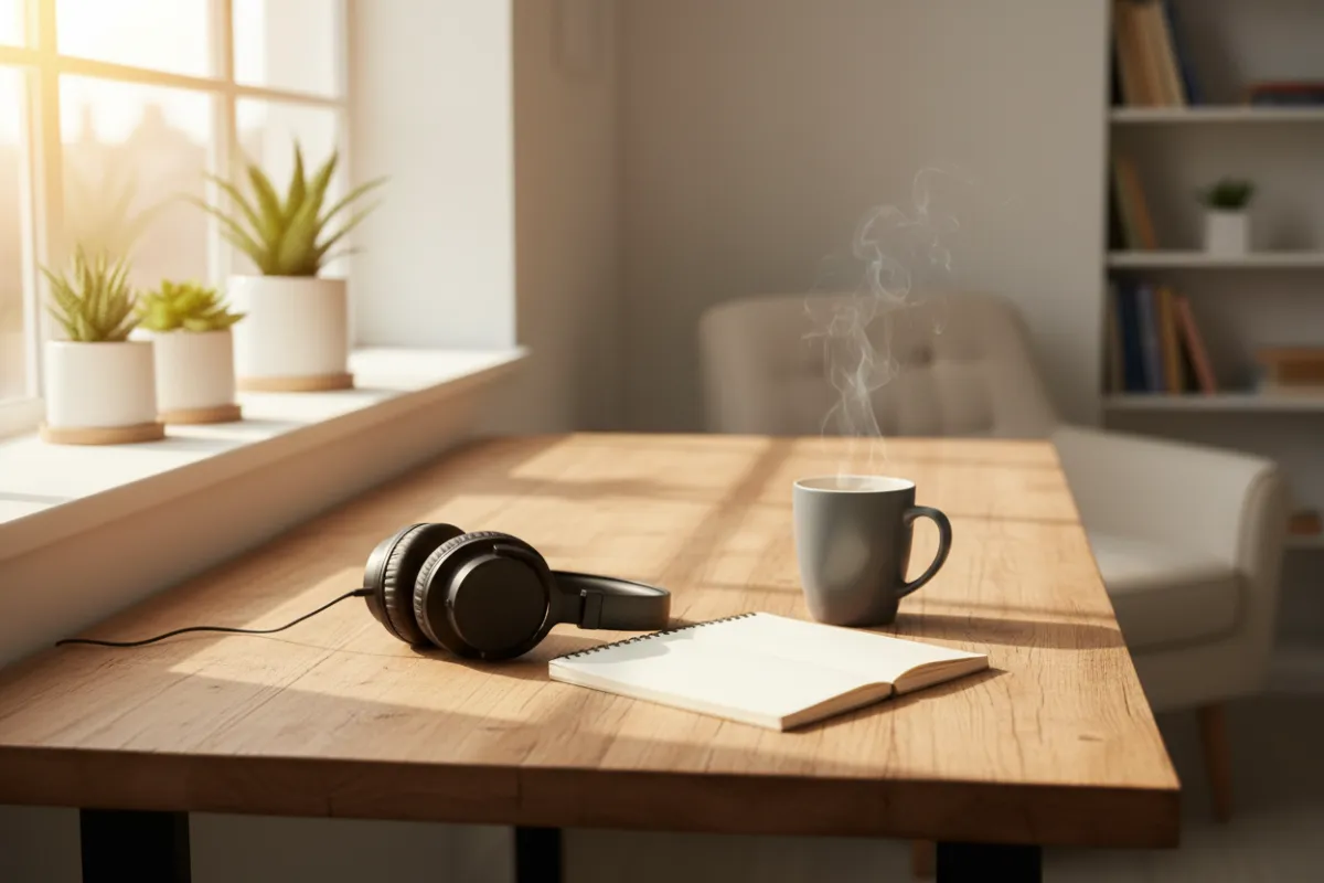 A creative workspace with a notepad, headphones, and a coffee mug on a wooden desk, sunlight streaming in, evoking a sense of calm and readiness for change.