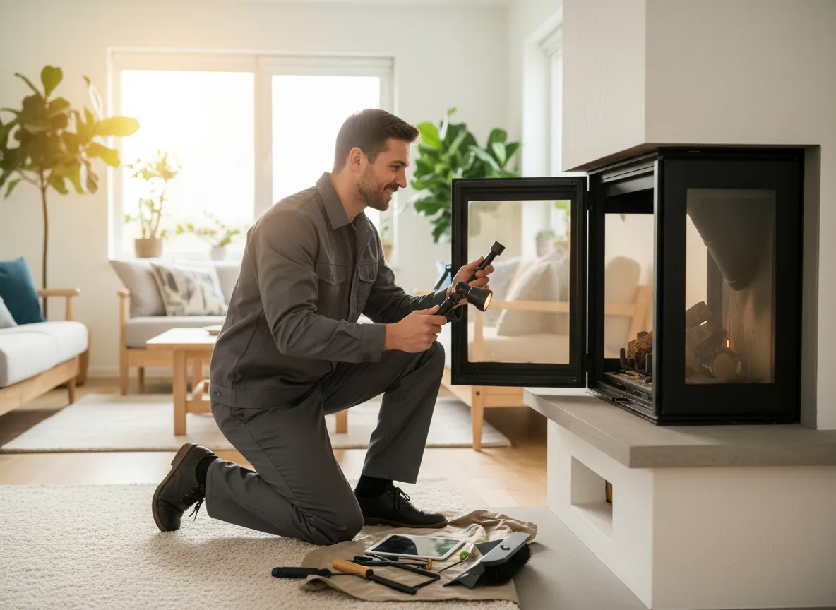 Technician inspecting a residential fireplace and chimney