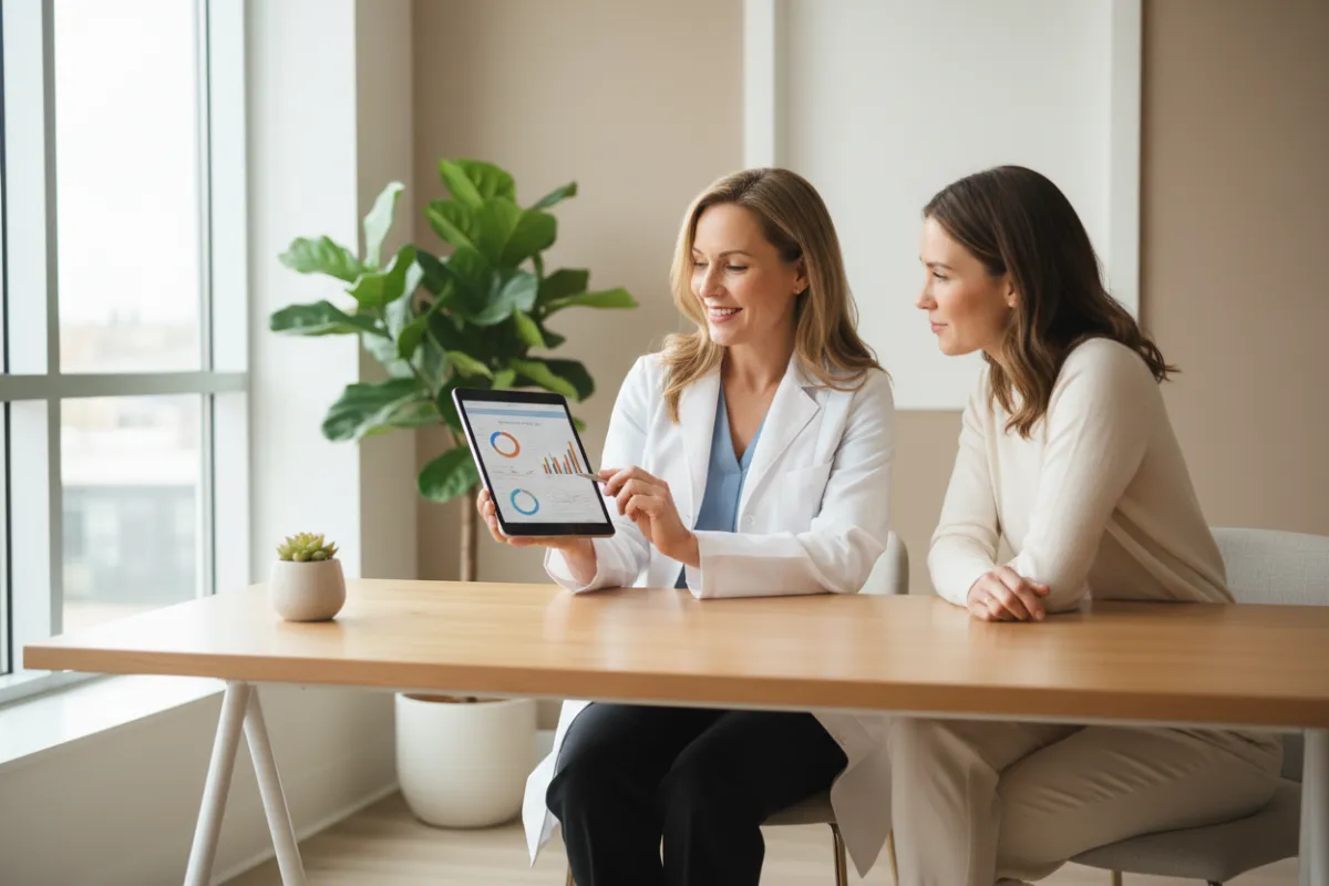 Practitioner reviewing hormone lab results with a patient in a modern clinic