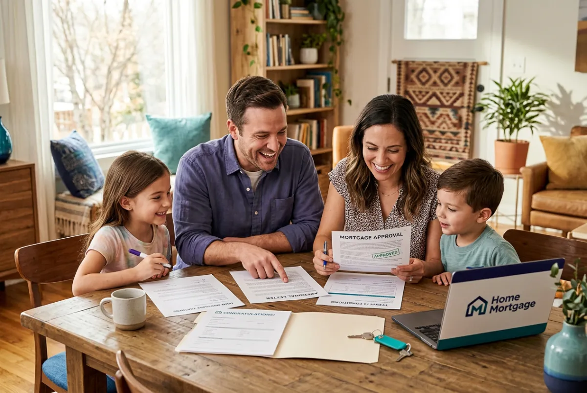 A modern family reviewing mortgage approval documents cheerfully in their bright living room
