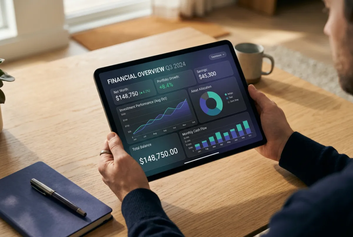 Transparent financial overview on a digital tablet with clear loan milestones