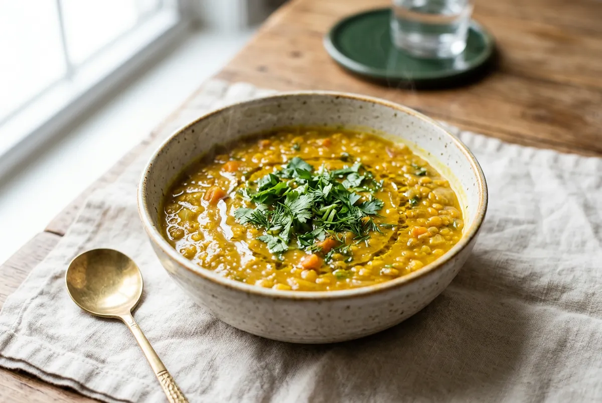 Golden turmeric lentil stew with fresh herbs in an artisanal ceramic bowl