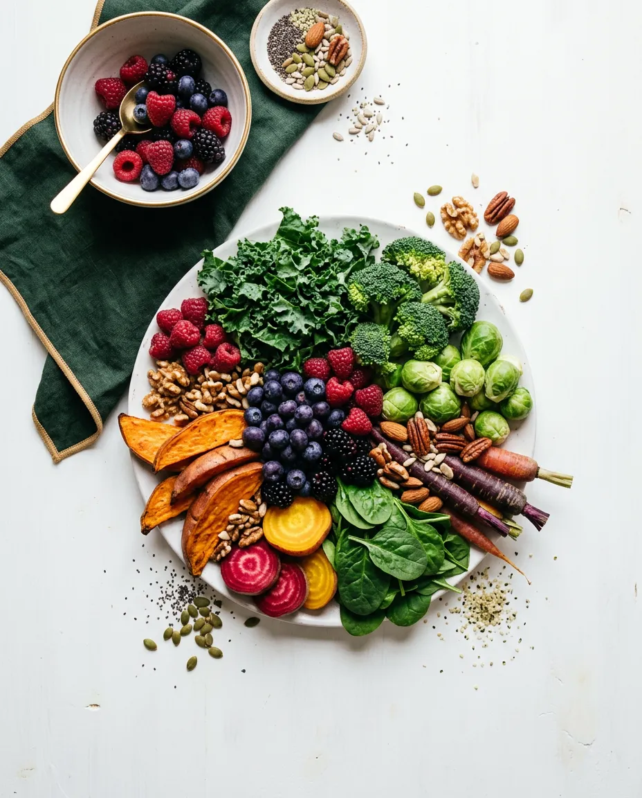 A vibrant culinary spread of colorful antioxidant-rich whole plant foods, cruciferous vegetables, and fresh berries for breast health