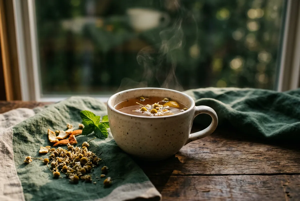 Steeping restorative herbal tea with dried chamomile flowers and citrus peels