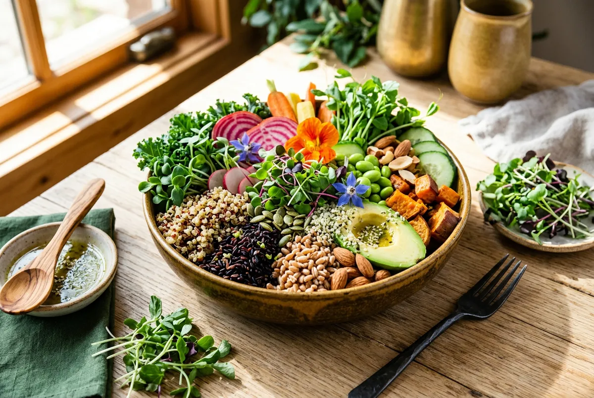 Bright harvest bowl with sprouted heirloom grains and leafy microgreens