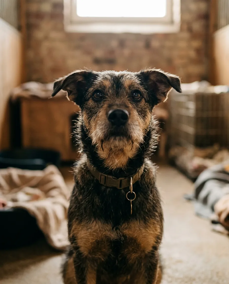 Hopeful rescue dog looking up with expressive soulful eyes