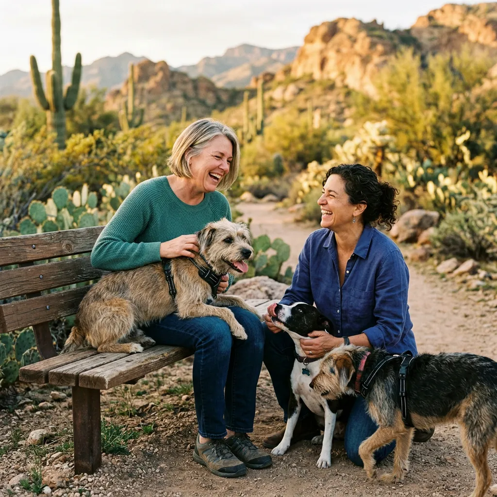 Two compassionate middle-aged women outdoors in a Tucson desert park with rescued companion dogs, warm candid moment