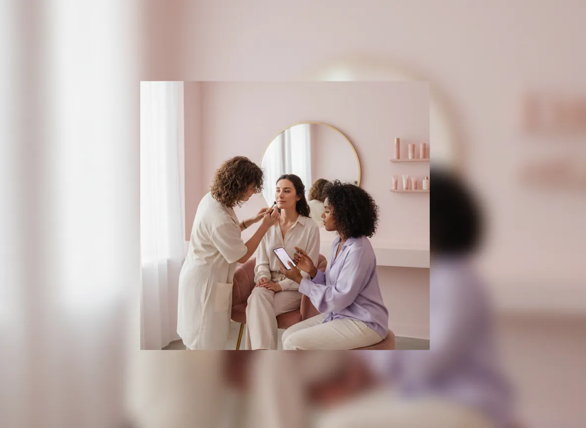 Modern beauty bar interior with soft pink lighting and a client being pampered