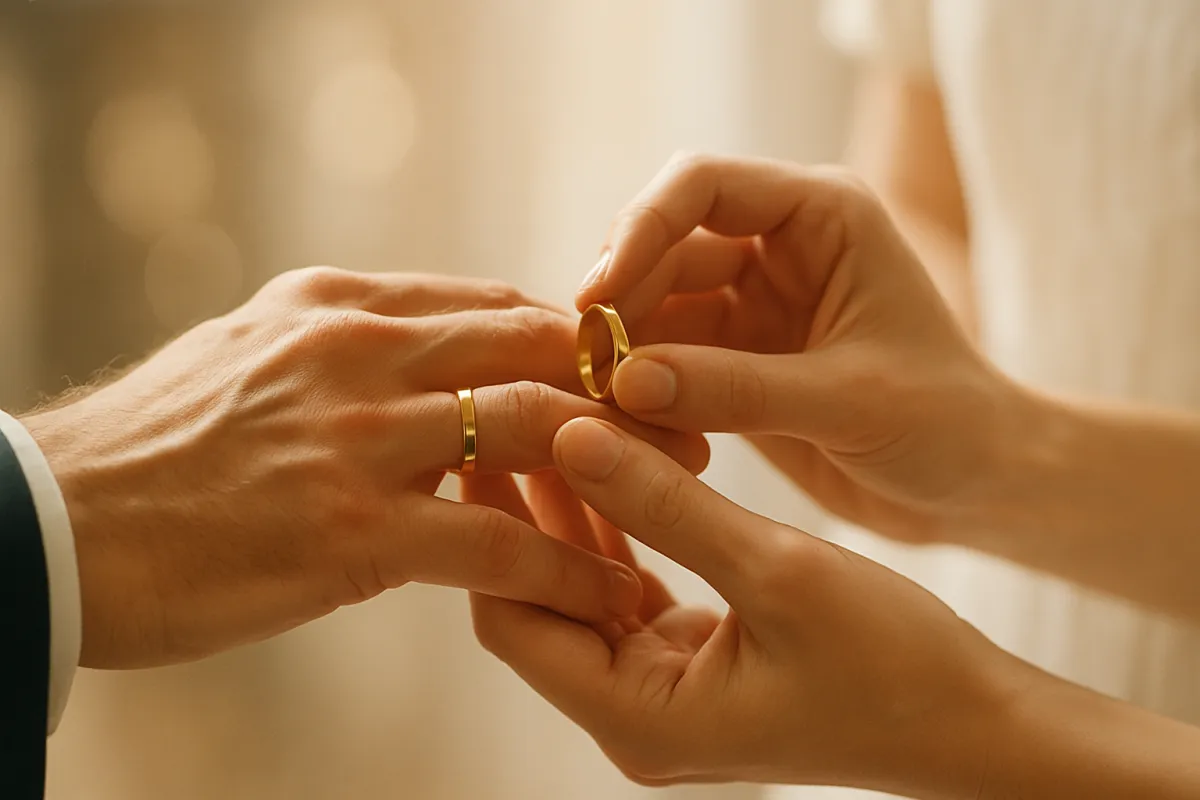 Close-up of hands exchanging simple gold bands during a civil ceremony