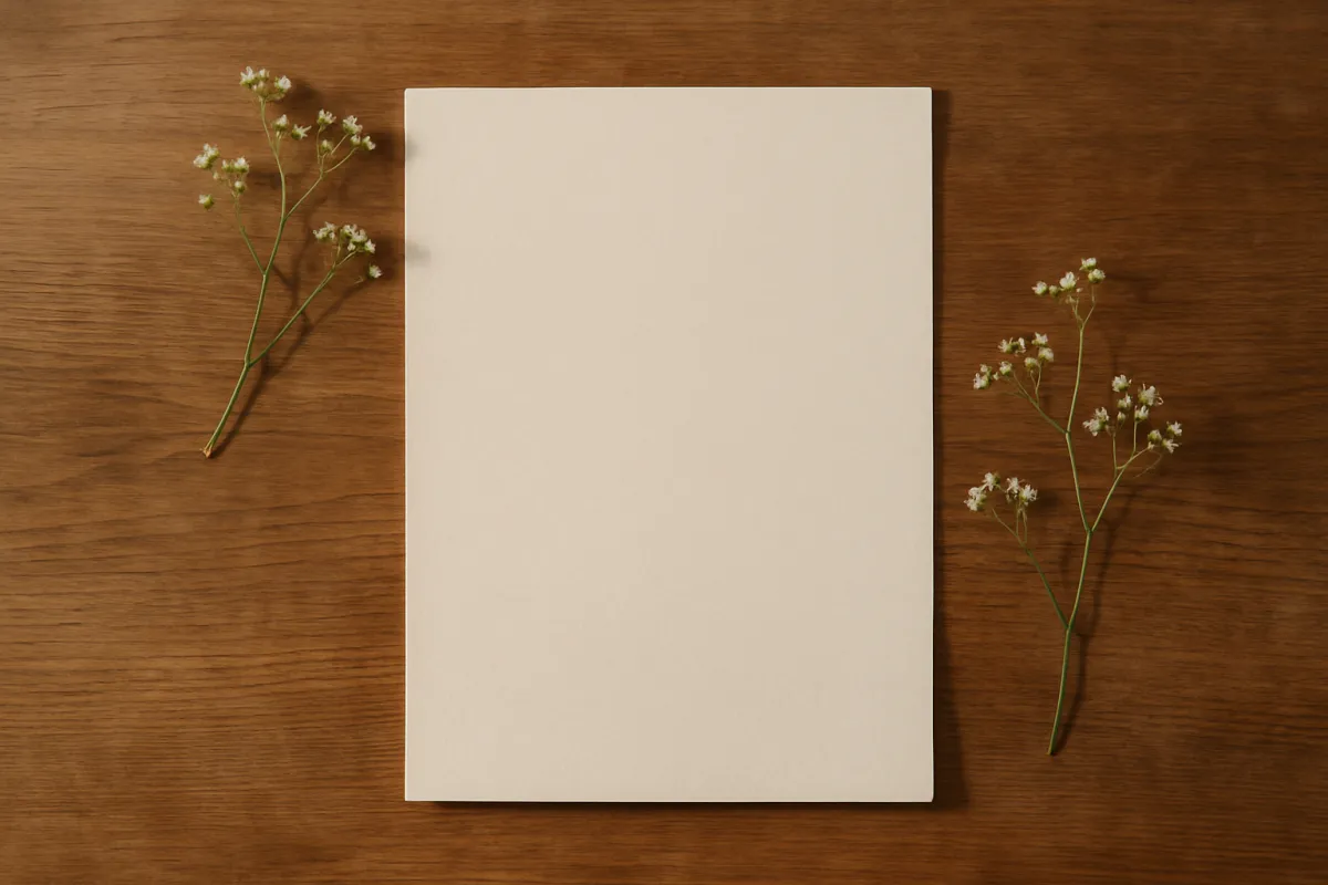 Officiant’s script on cream stationery with floral sprigs, overhead minimal flatlay